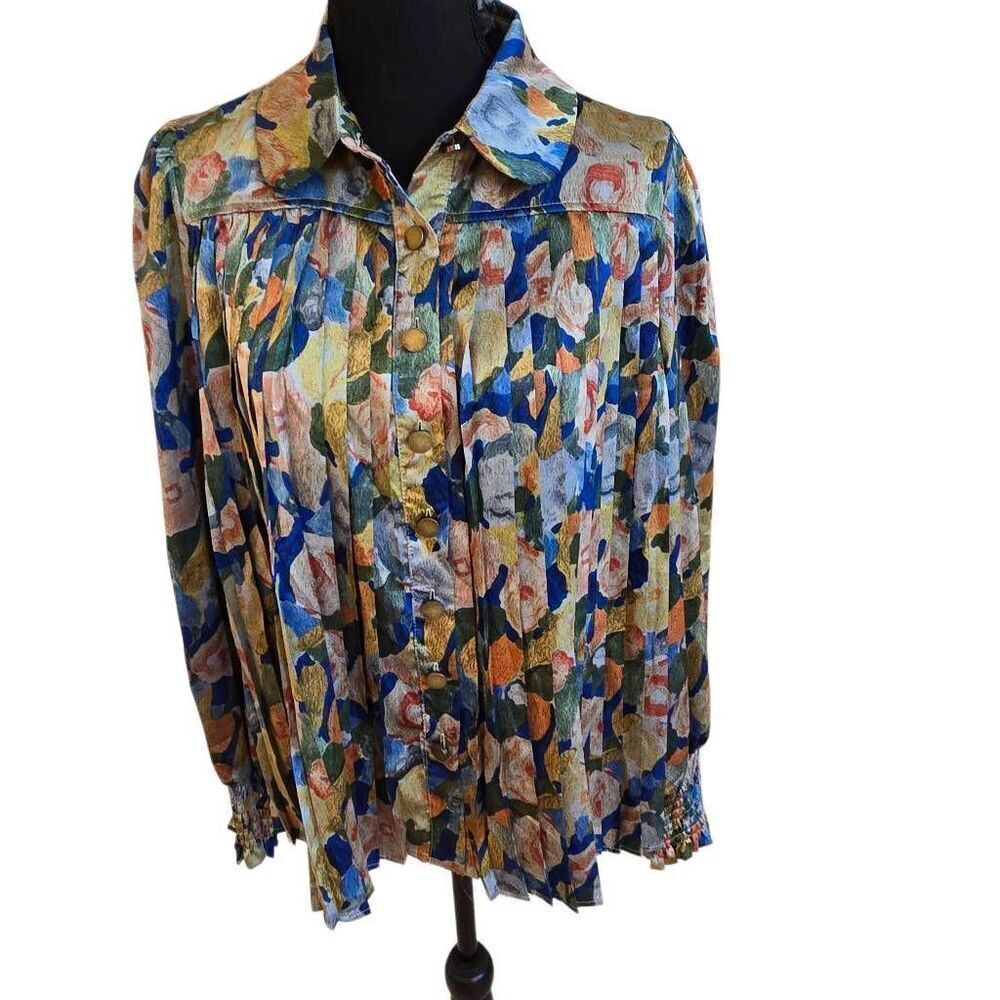 Radzoli Women's Artsy Multi-Print Pleated Button Front Blouse Blue Green Medium